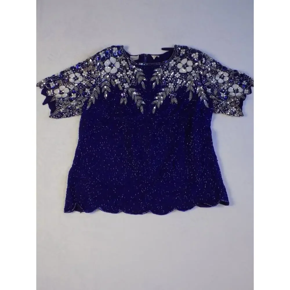 VTG D'Albert Sequin Beaded Blouse Eveningwear Blue Flower 80s 100% Silk - Picture 1 of 9